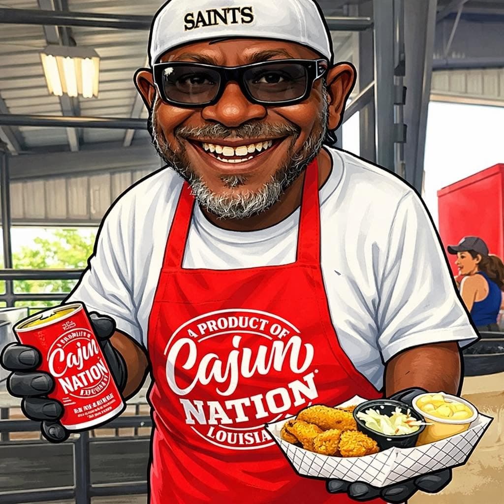 Team member in Cajun Nation apron with prepared food